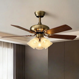Retro Floral Shade 5 Wood Blade Brass Ceiling Fan Light Zawala Image - 3