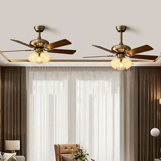 Retro Floral Shade 5 Wood Blade Brass Ceiling Fan Light Zawala Image - 4