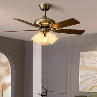 Retro Floral Shade 5 Wood Blade Brass Ceiling Fan Light Zawala Image - 5