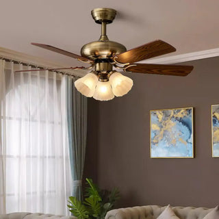 Retro Floral Shade 5 Wood Blade Brass Ceiling Fan Light Zawala Image - 6