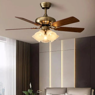 Retro Floral Shade 5 Wood Blade Brass Ceiling Fan Light Zawala Image - 7