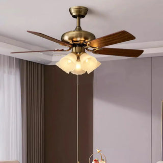 Retro Floral Shade 5 Wood Blade Brass Ceiling Fan Light Zawala Image - 8