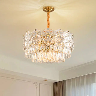 Clear Glass Crystal Gold Tiered Bedroom Drum Chandelier Image - 4