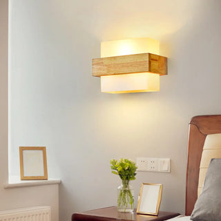 Trendy Square Wood and Glass Bedroom Wall Sconce Zawala Image - 1