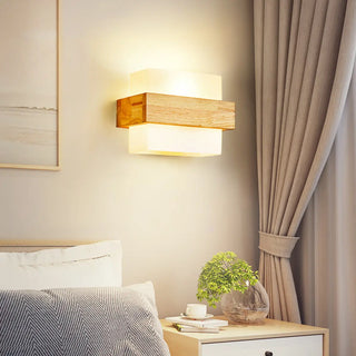 Trendy Square Wood and Glass Bedroom Wall Sconce Zawala Image - 2