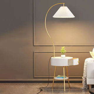 Modish Pleated Gold Arched Floor Lamp with Storage Zawala Image - 1