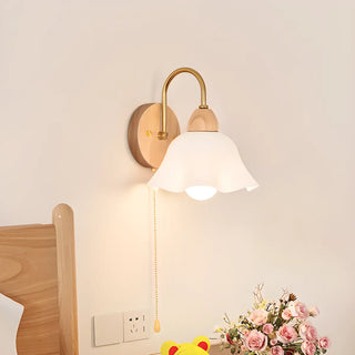 Bedroom Wood Frosted Flower Pull String Wall Sconce Zawala Image - 1