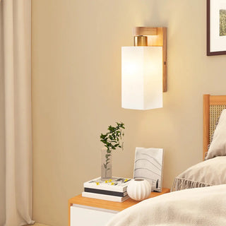 Frosted Glass Rectangular Bedside Wood Wall Sconce Zawala Image - 1
